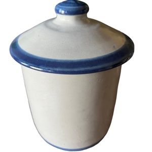 Vtg Louisville Stoneware canister crock blue/antique white with lid